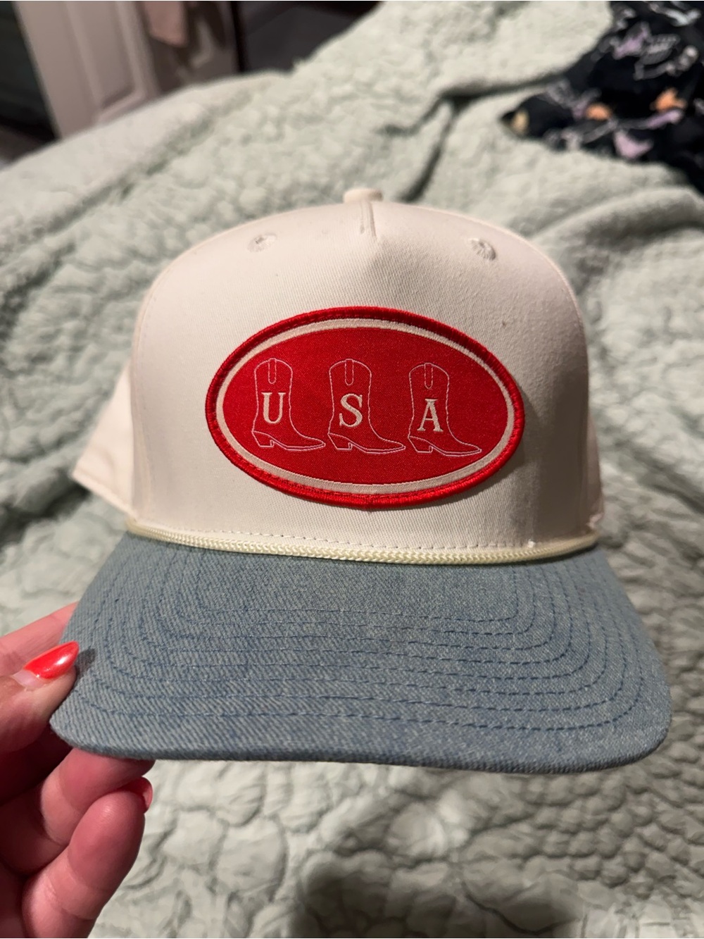 Cream and Light Blue USA Cowboy Boot Patch Trucker Hat